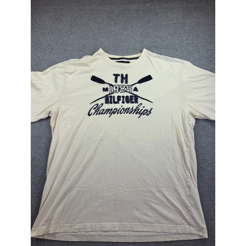Vintage Y2K Tommy Hilfiger 1985 Championships Rowing T-Shirt Cream XL Thrashed